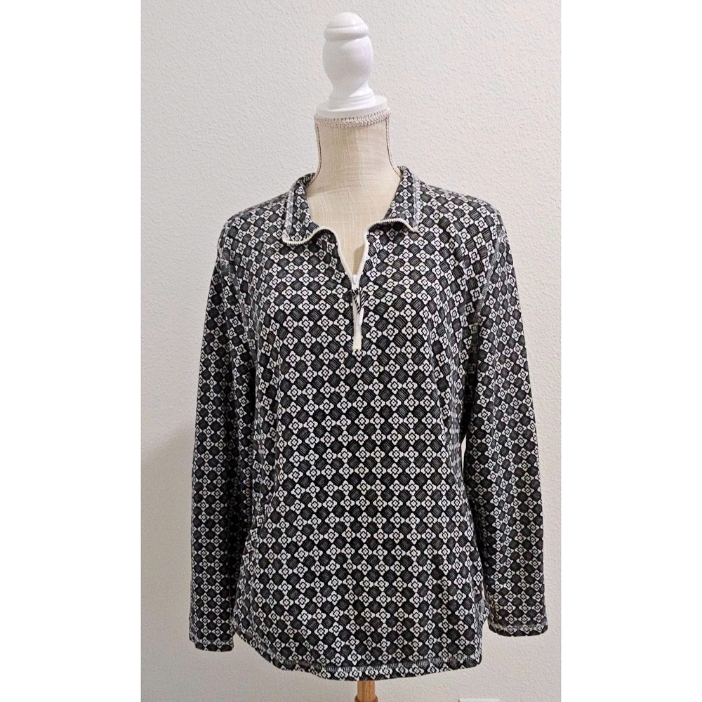 T by Talbots Black White Geometric Floral Quarter Zip Pullover Sweatshirt XL